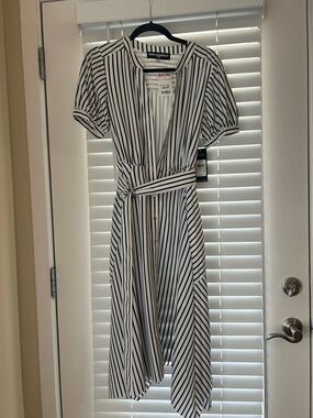 Black and White Striped Midi Wrap Dress